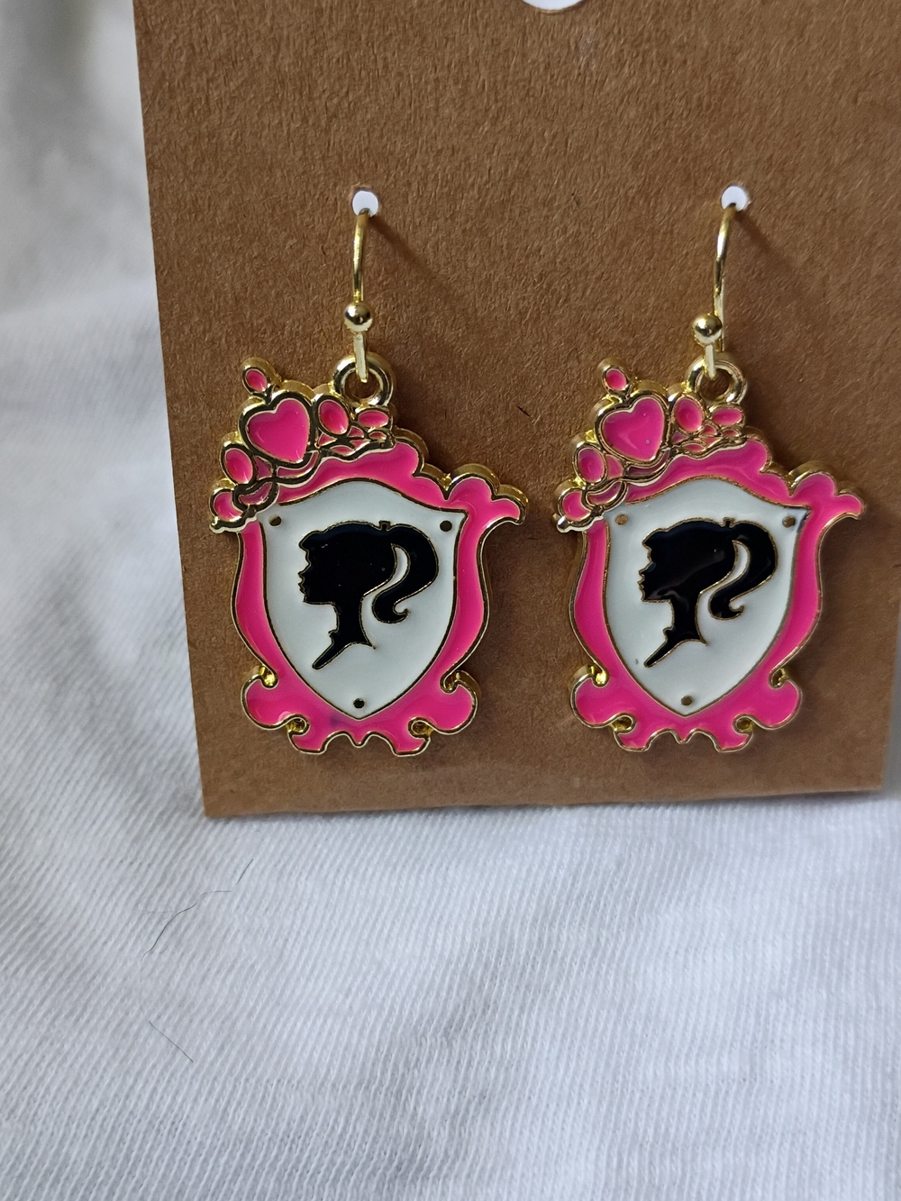 Barbie Pink Cameo Drop Earrings with Gold Trim